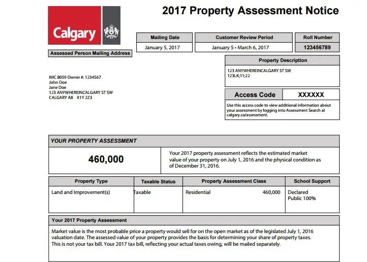 City of Calgary property assessment notice showing assessed value